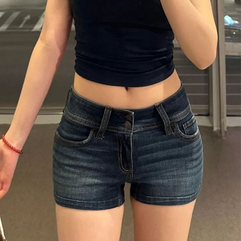 Denim Shorts Women - Women Deep Blue Retro Y2K Jean