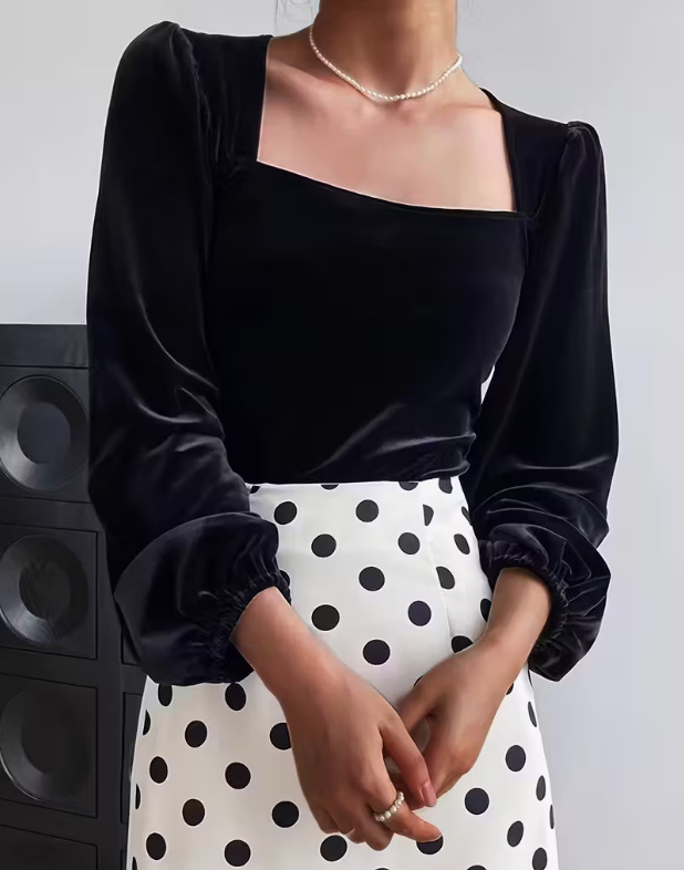 Crop Top Women - Women Black Velvet Square Neck Blouse