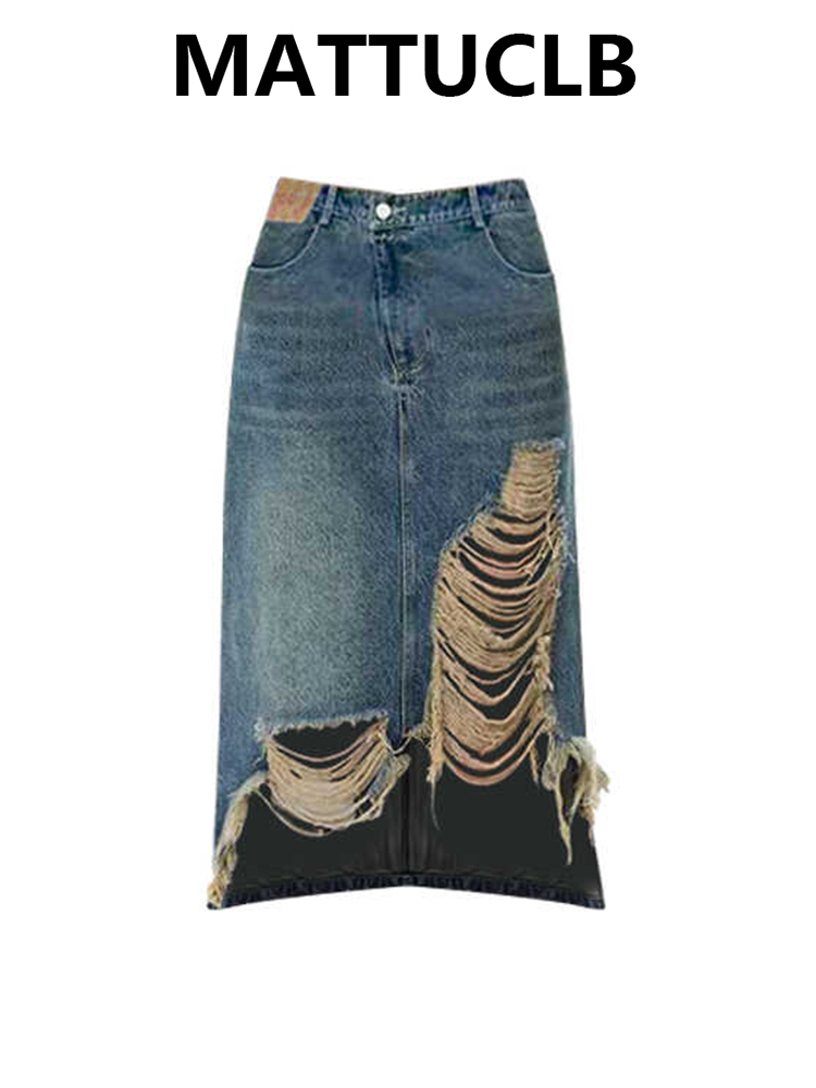 A-Line Skirt Midi - Women 2000s Midi Skirt Ripped Denim