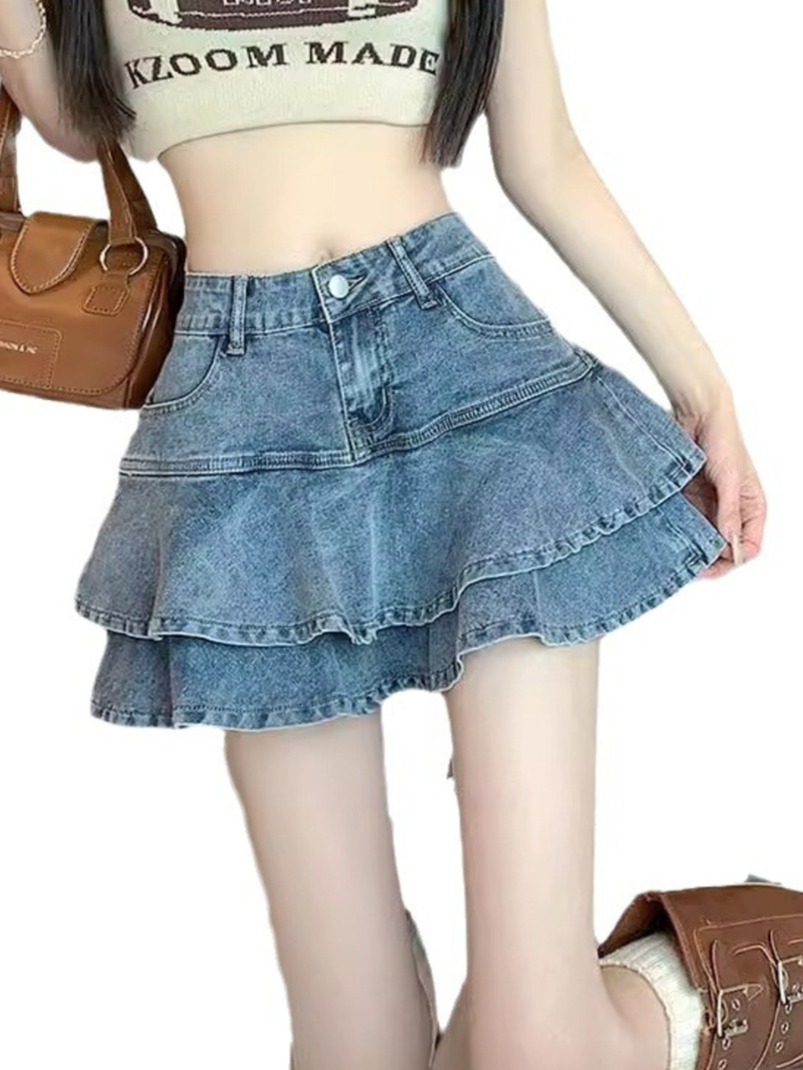 Denim Shorts Women - Women's Vintage Washed Denim Layered Ruffle