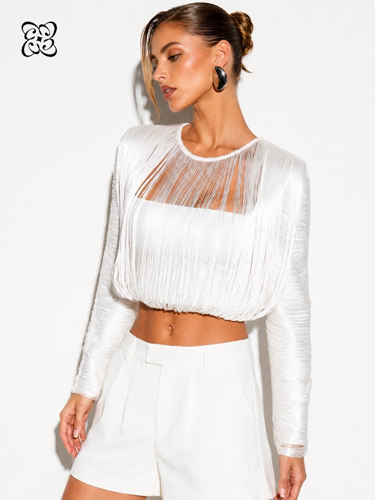 Crop Top Women - White Long Sleeve Fringe Crop Top