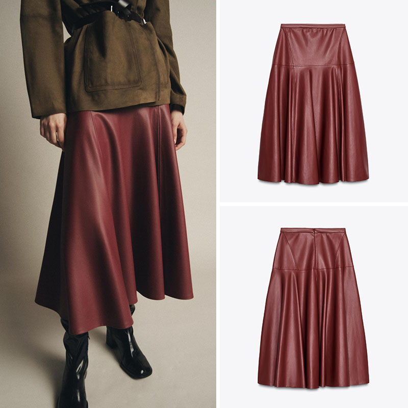 A-Line Skirt Midi - Ele Faionable Loose A-Line Faux Leather
