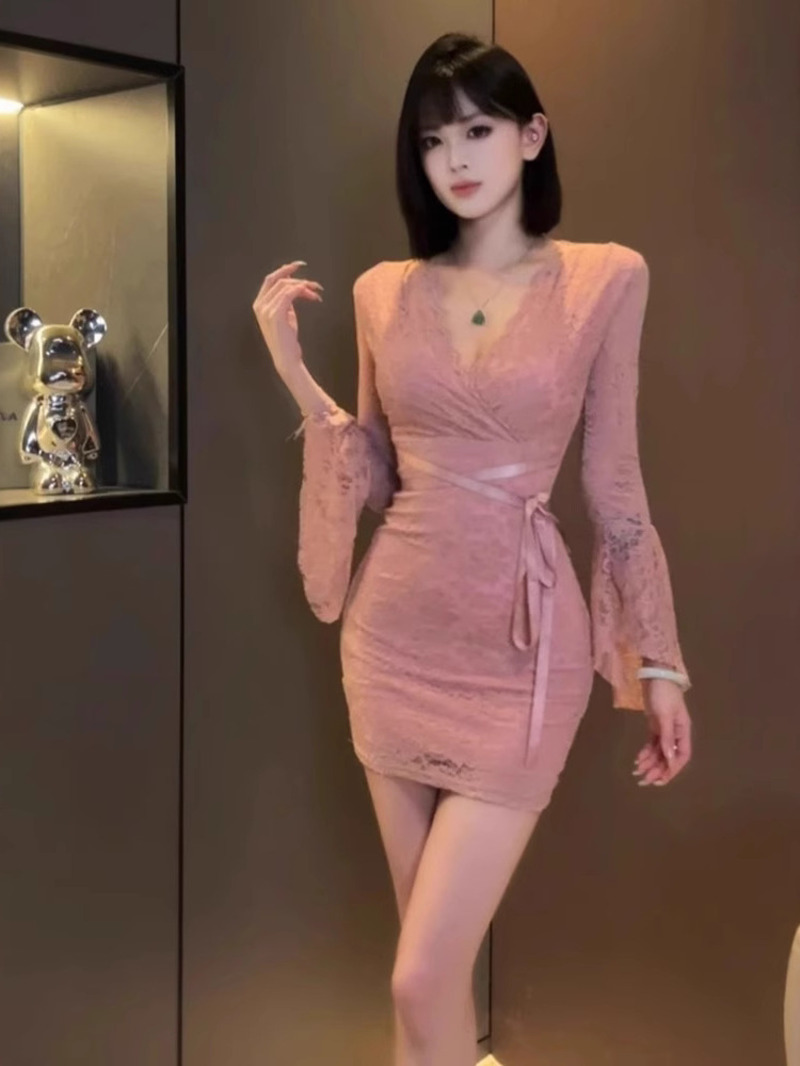 Women Fashion Dress Names - Sexy Lace Bell Sleeve Dress Women's