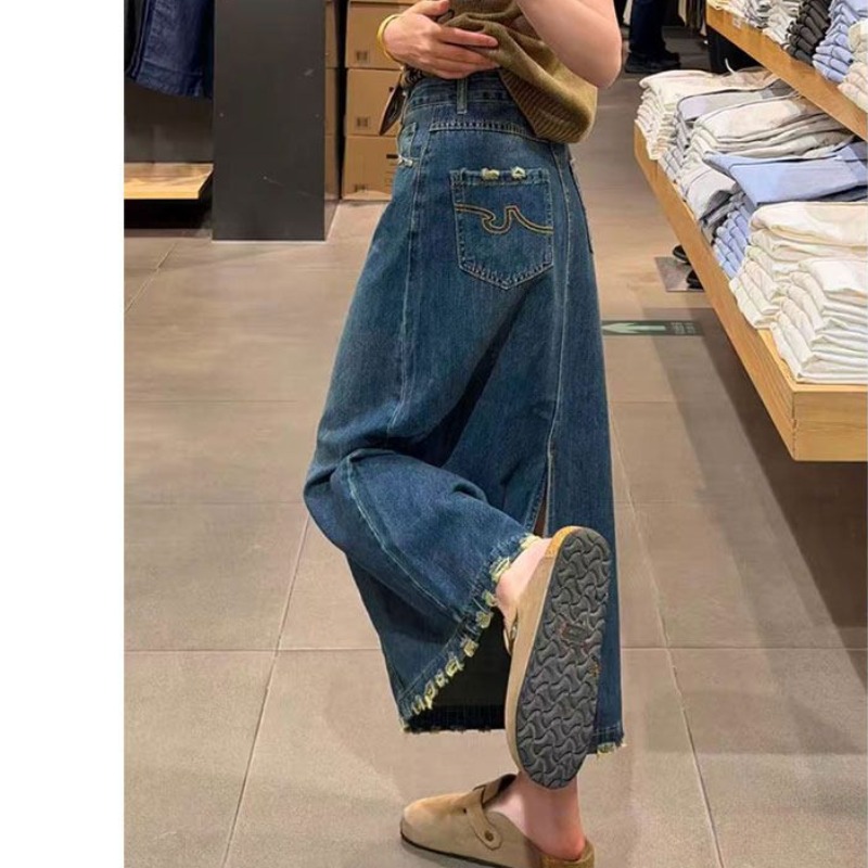 A-Line Skirt Midi - Ruffle Hem Embroidered Word Denim Skirt