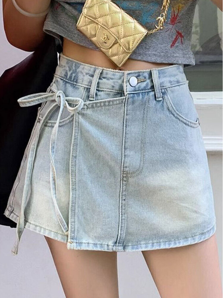 Women High Waist Denim Skort L - Denim Shorts Women 评论和价格