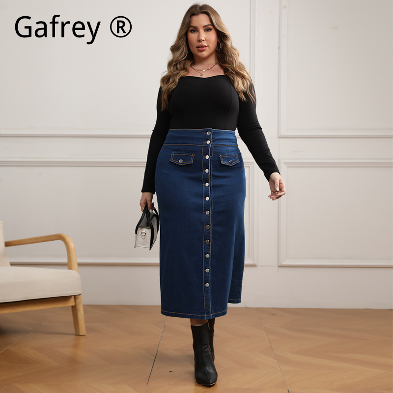 Plus Size High Waist Button Fr - A-Line Skirt Midi 评论和价格