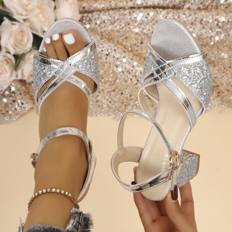 Women Block Heels Sandals Gold - Spaghetti Strap Dress 评论和价格