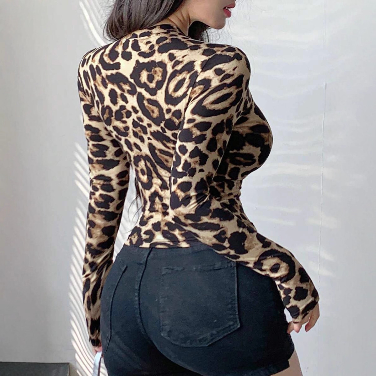 Women Leopard Print Zip Up Lon - Crop Top Women 评论和价格